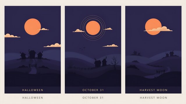 Spooky halloween poster set harvest moon october 31st and night scenes