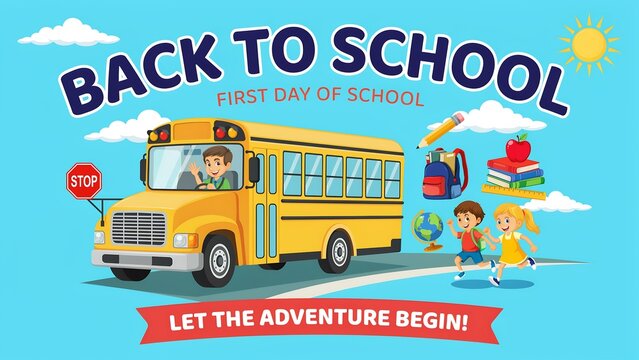 Back to school yellow bus with kids illustration