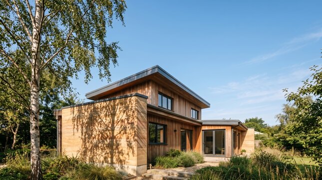 Rammed Earth and Timber Exterior Wall with Branch Shadows and Clean Sky for Sustainable Green Architecture and Eco-Friendly Home Campaigns