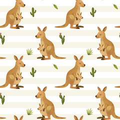 Fototapeta premium Watercolor kangaroo seamless pattern. Cute background with kangarool. Wild safari animal print. Desert wallpaper.