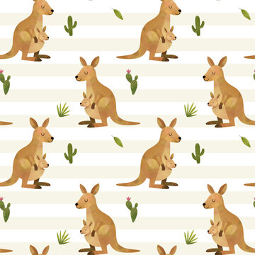 Watercolor kangaroo seamless pattern. Cute background with kangarool. Wild safari animal print. Desert wallpaper.