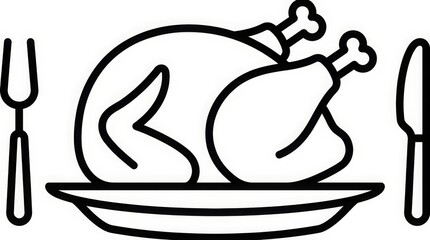 Fototapeta premium Food - Roasted turkey dinner icon on plate with fork and knife