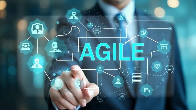 Agile strategy concept. Virtual interface highlighting the word "AGILE"; surrounded by icons representing teamwork, planning and innovation. Digital transformation, agile methodolog. doodle symbols