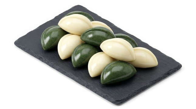 Food - Korean traditional half moon rice cake songpyeon on a black slate plate
