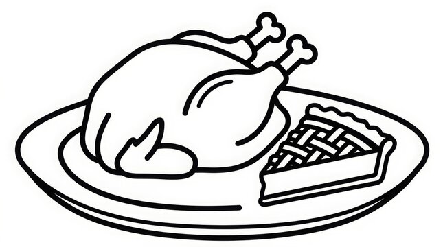 Food - Thanksgiving roast turkey and pie slice on plate coloring page