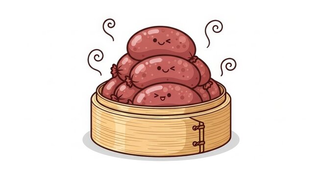 Food - Cute Kawaii Chinese Sausage Lap Cheong Steamed in Bamboo Dim Sum Basket Cartoon Illustration