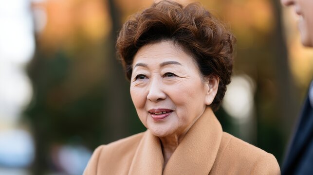 Elderly Asian woman with short curly hair wearing a tan coat smiles while standing outdoors in a park with blurred trees and soft natural light in the background