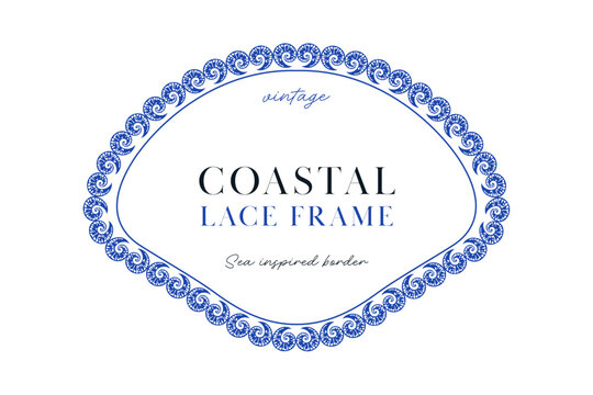 Blue seashell frame has vintage coastal lace and oval marine border pattern