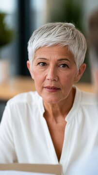 Mature woman with short gray hair wearing a white blouse sits at a table, looking directly at the camera in a modern office environment with soft lighting
