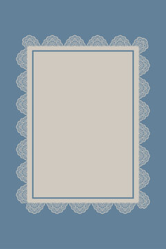 Blue floral doily frame creates beige copy space with lace scalloped border