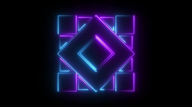 Neon glowing geometric square and diamond pattern abstract motion graphic on black background. 4k video 