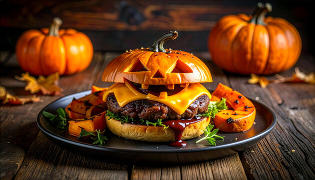 Halloween Pumpkin Cheeseburger with Jack o Lantern Bun and Roasted Squash
