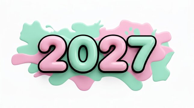 2027 New Year 3D text in pastel pink and mint green, glossy bubble numbers for 2027 calendar design, playful liquid paint splash background
