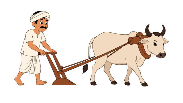 Cartoon farmer plowing field with ox and wooden plow