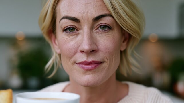 Caucasian woman holding a cup of coffee with a slice of toast, seated indoors in a modern kitchen with plants and soft lighting in the background