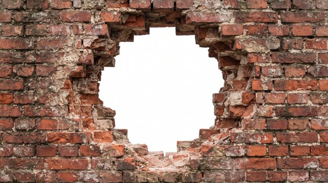 Hole in Broken Red Brick Wall Frame Isolated on White Background