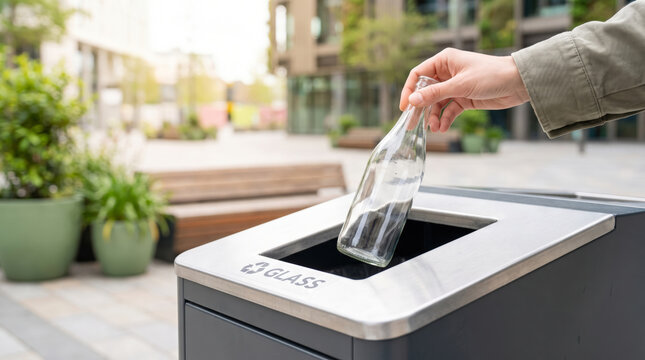 Person drops glass bottle into recycling bin in urban area during daytime