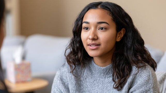 Young woman with curly hair wearing a gray sweater engages in conversation while seated in a cozy living room with soft furnishings and warm lighting
