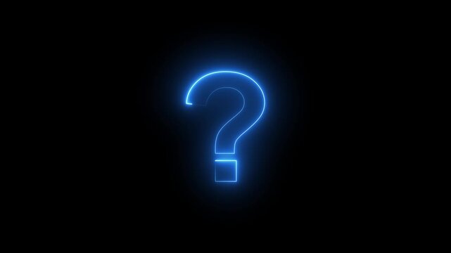 Glowing neon blue question mark symbol pulsing on black background