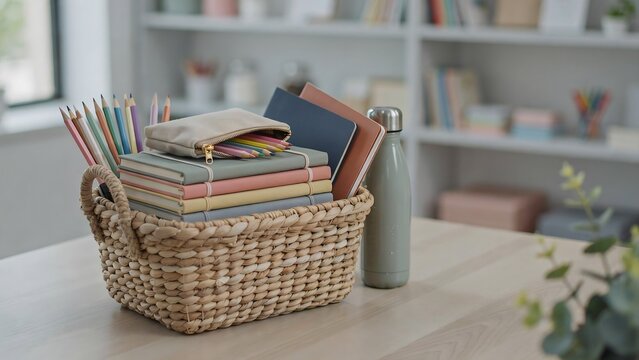 Colorful wicker basket with office supplies
