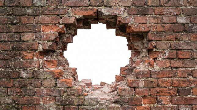 Damaged Old Red Brick Wall with Large Hole Isolated on White Background
