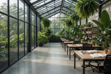 Fototapeta premium Modern office greenhouse workspace indoor plant natural light coworking space sustainable design biophilic interior glass wall open plan creative studio Diverse Workspace concept