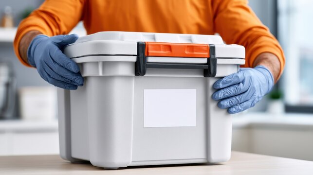 Individual wearing blue gloves holds a gray pharmaceutical transport box with an orange latch in a bright indoor setting, emphasizing safety and hygiene in medical logistics