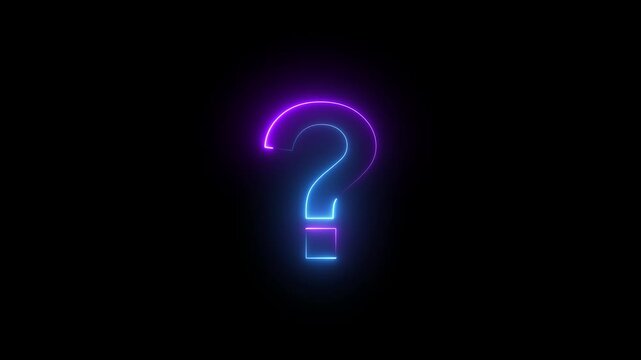 Neon question mark sign glowing with vibrant blue and purple light on black background .4k video animation 