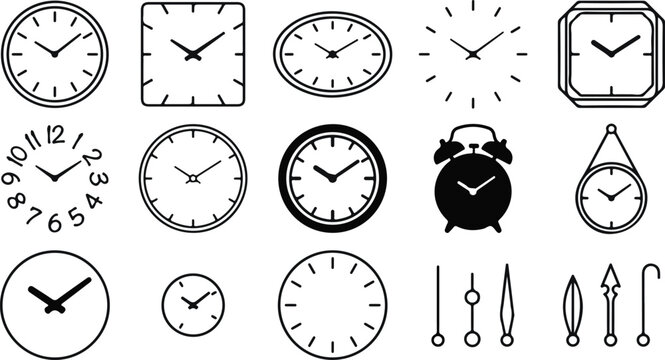 Set of various clock designs and watch hands isolated on white background for graphic design projects