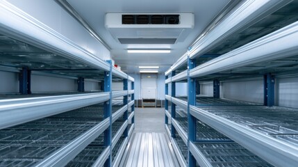 Obraz premium Pharmaceutical transport interior featuring empty metal shelving units designed for secure storage of medical supplies and equipment in a climate-controlled environment