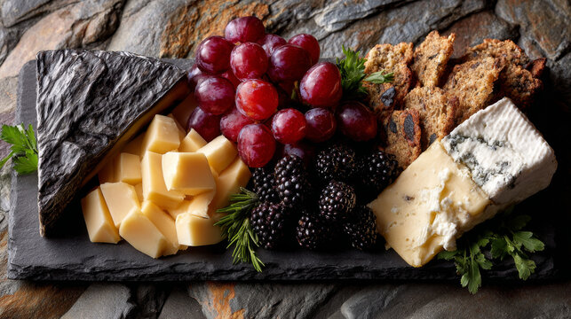 Delicious cheese platter features various cheeses, ripe red grapes, dark blackberries, and crisp crackers artfully arranged rustic slate board. Gourmet appetizer provides delightful culinary