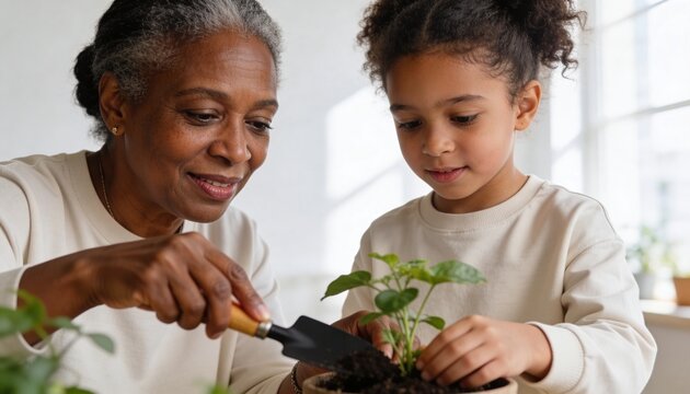 African American grandmother teaching her granddaughter about gardening. Senior woman and child potting a plant together at home. Intergenerational family bonding concept