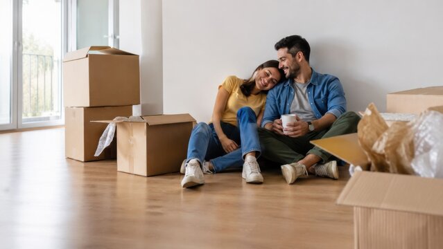 Young couple sitting on the floor surrounded by moving boxes in a bright, empty room, enjoying a moment together while unpacking their belongings