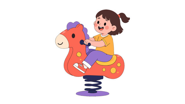 Cute girl riding spring horse playground vector illustration