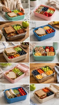 Colorful lunch boxes filled with healthy food options including sandwiches, fruits, and vegetables arranged on a wooden table with a light fabric background