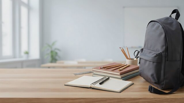 Gray backpack with notebooks and stationery on wooden table