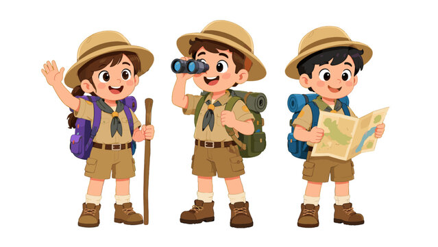 Three cartoon child scouts with map binoculars and backpacks