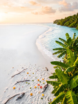 Beautiful tropical paradise beach with white sand and palm leaves summer background