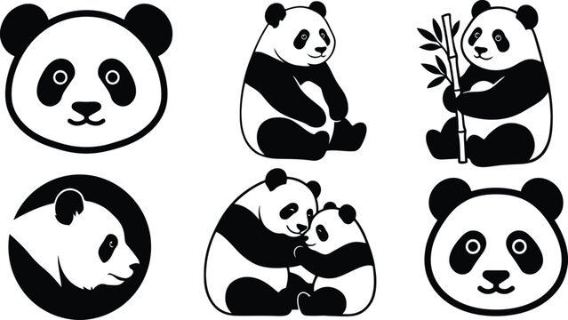 Colecci&oacute;n de simp&aacute;ticos osos panda en blanco y negro