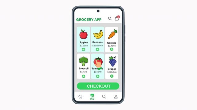 Online grocery shopping app interface with fresh fruits and vegetables loop animation, Mobile e-commerce grocery store application UI dashboard with food items and checkout button animation.