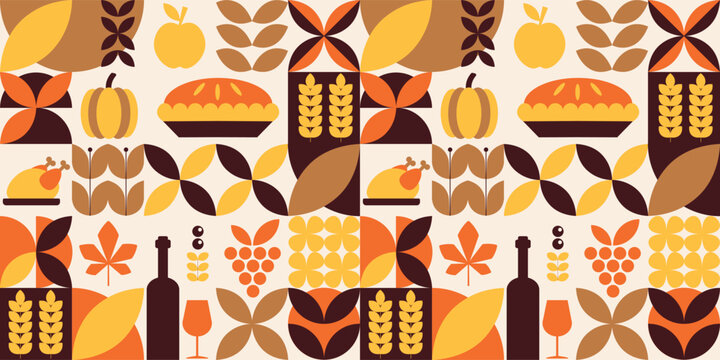 Seamless Thanksgiving pattern with geometric autumn harvest elements for backgrounds, textiles, wrapping paper, wallpaper, packaging and seasonal holiday designs