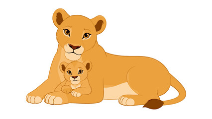 Obraz premium Lioness with cub resting together in simple vector style