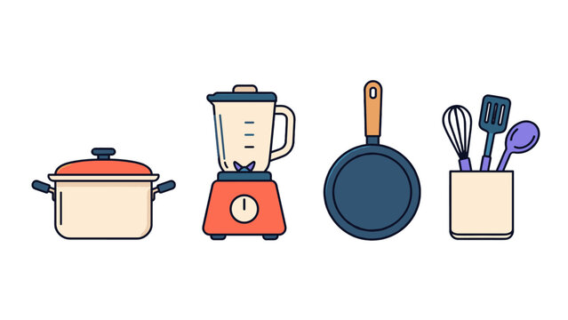 Kitchen cookware and utensils vector icon set on white