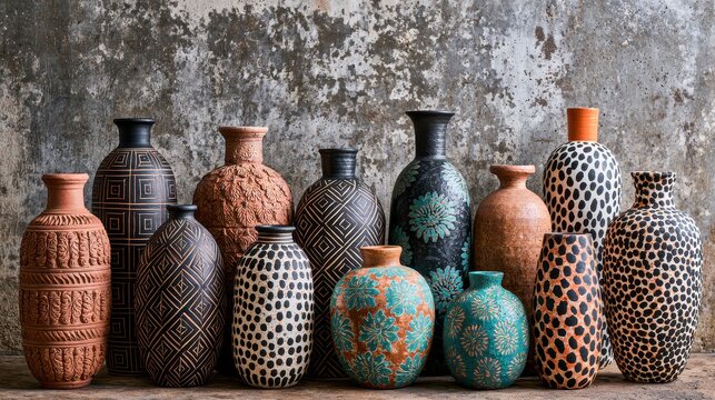 Ceramic decorative vases display varied patterns. Home decor art.