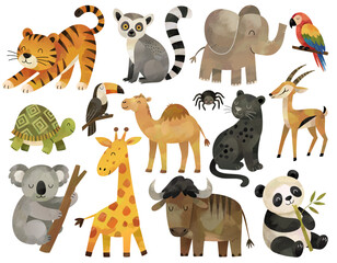 Obraz premium Watercolor wild animals. Elephant, panda, lemur, giraffe, panther, koala. Hand drawn jungle safari animals set.
