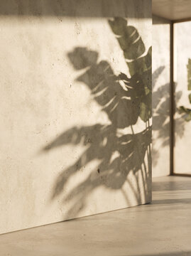 Tropical leaf shadow on beige concrete wall summer background