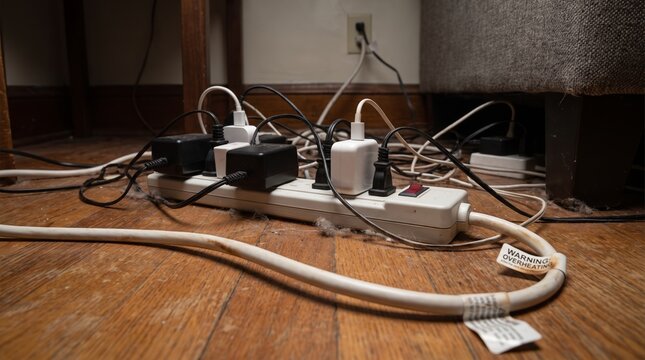 Cable clutter safety hazard. A tangled mess of electrical cables, power strips and chargers on a wooden floor creating a potential electrical safety hazard and fire risk.