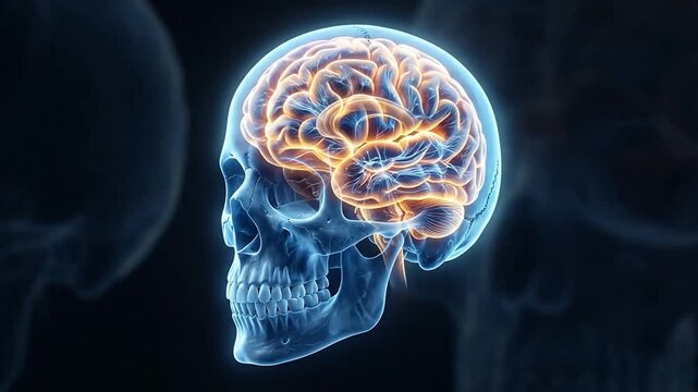Animated sequence illustrating neural activity within human skulls emphasizing brain function and cognitive processes