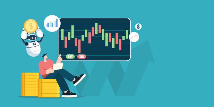 Trader sit on gold coin stack holding laptop next to AI robot holding dollar coin, analyzing candlestick stock market trading screen with buy sell button on blue background.