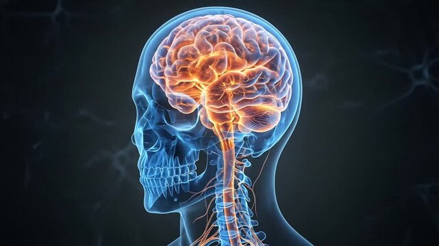 Animated visualization of human brain and nervous system highlighting neural activities in side and top views